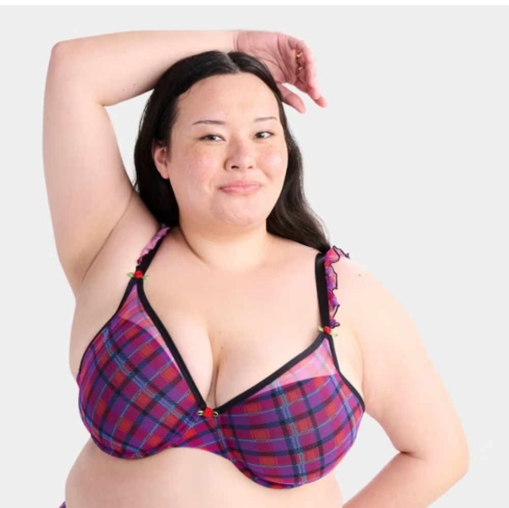Parade Women's Owned Plaid Silky Mesh Flutter Stap T Shirt Bra XL+